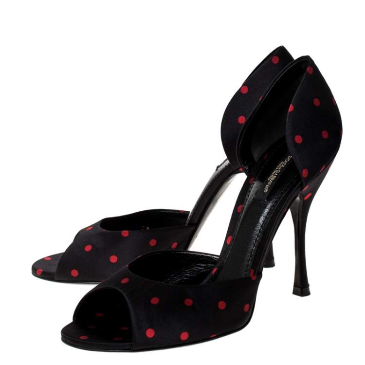 Pre Owned Dolce & Gabbana Black Satin Polka Dot Open Toe Pumps Size 38.5