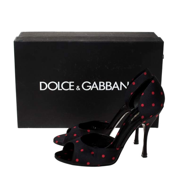 Pre Owned Dolce & Gabbana Black Satin Polka Dot Open Toe Pumps Size 38.5