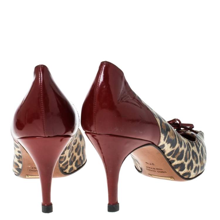 Pre Owned Dolce & Gabbana Leopard Print Leather Vintage Bow Pointed Toe Pumps Size 37.5