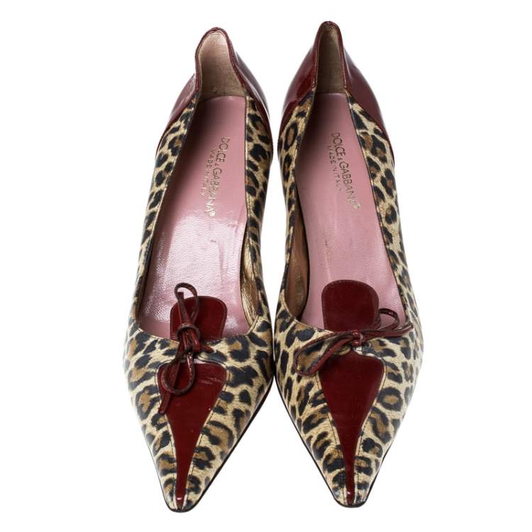 Pre Owned Dolce & Gabbana Leopard Print Leather Vintage Bow Pointed Toe Pumps Size 37.5