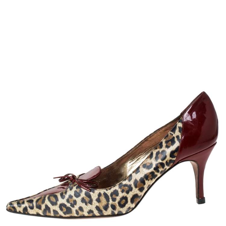 Pre Owned Dolce & Gabbana Leopard Print Leather Vintage Bow Pointed Toe Pumps Size 37.5
