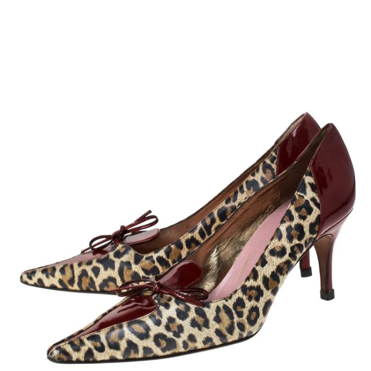 Pre Owned Dolce & Gabbana Leopard Print Leather Vintage Bow Pointed Toe Pumps Size 37.5