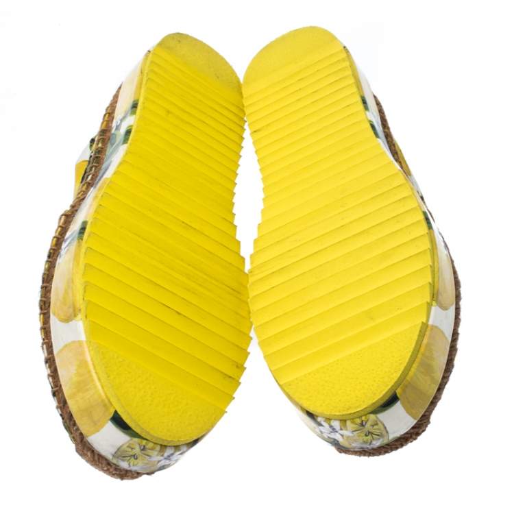 Pre Owned Dolce & Gabbana Yellow/Green Lemon Print Fabric Platform Espadrille Flats Size 38