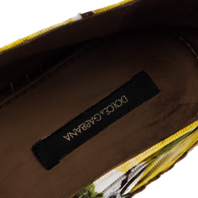Pre Owned Dolce & Gabbana Yellow/Green Lemon Print Fabric Platform Espadrille Flats Size 38