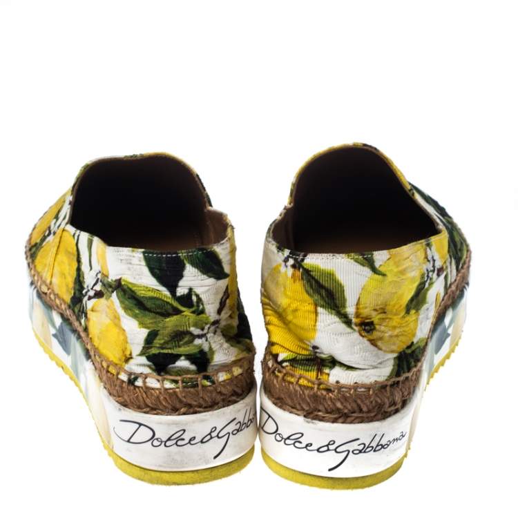 Pre Owned Dolce & Gabbana Yellow/Green Lemon Print Fabric Platform Espadrille Flats Size 38