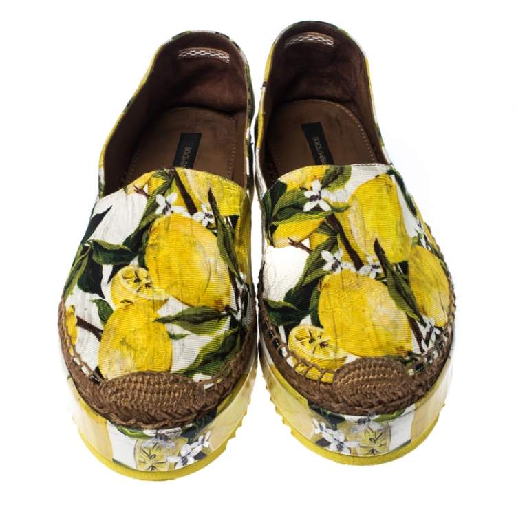 Pre Owned Dolce & Gabbana Yellow/Green Lemon Print Fabric Platform Espadrille Flats Size 38