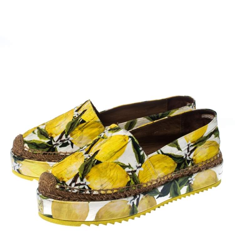 Pre Owned Dolce & Gabbana Yellow/Green Lemon Print Fabric Platform Espadrille Flats Size 38