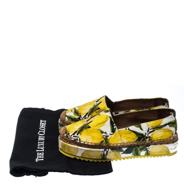 Pre Owned Dolce & Gabbana Yellow/Green Lemon Print Fabric Platform Espadrille Flats Size 38