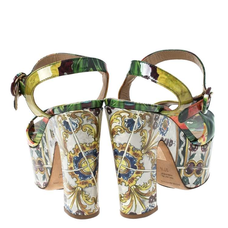 Pre Owned Dolce & Gabbana Multicolor Printed Patent Leather Platform Sandals Size 37.5 
