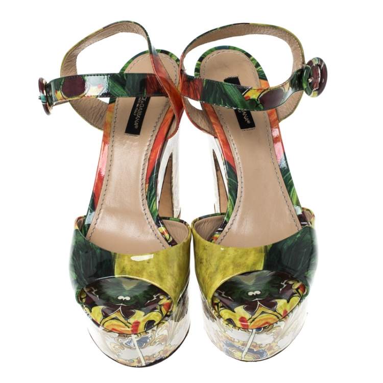 Pre Owned Dolce & Gabbana Multicolor Printed Patent Leather Platform Sandals Size 37.5 
