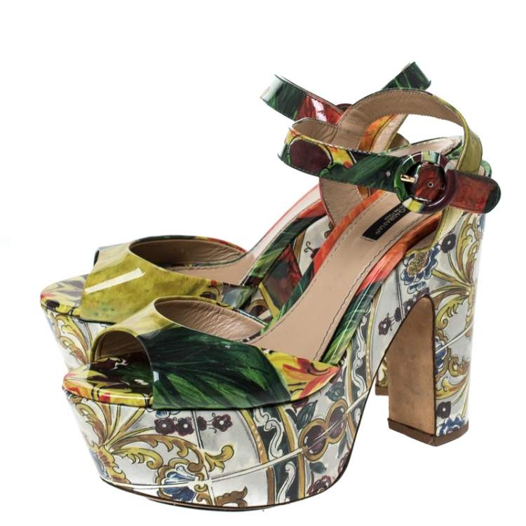 Pre Owned Dolce & Gabbana Multicolor Printed Patent Leather Platform Sandals Size 37.5 