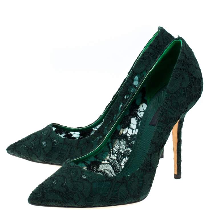 Pre Owned Dolce & Gabbana Green Floral Lace Pointed Toe Pumps Size 39