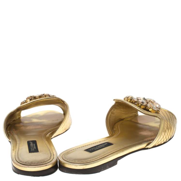 Pre Owned Dolce & Gabbana Metallic Gold Leather Crystal Embellished Bianca Flat Slides Size 36
