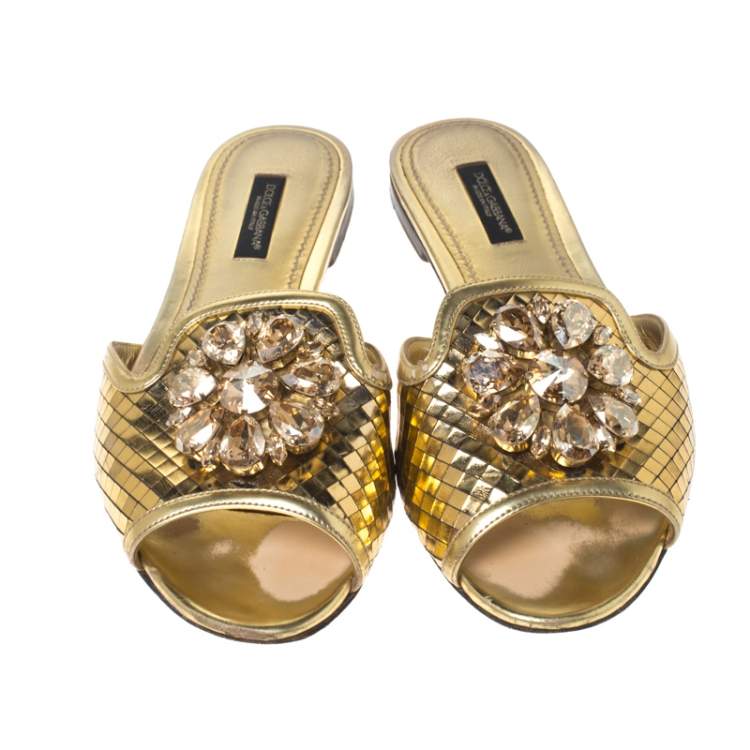Pre Owned Dolce & Gabbana Metallic Gold Leather Crystal Embellished Bianca Flat Slides Size 36