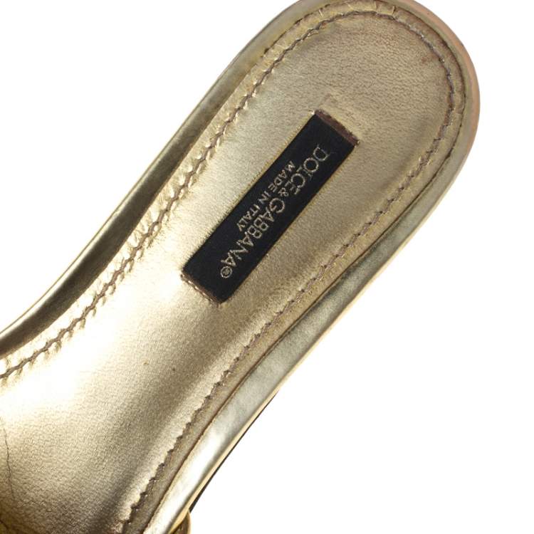 Pre Owned Dolce & Gabbana Metallic Gold Leather Crystal Embellished Bianca Flat Slides Size 36