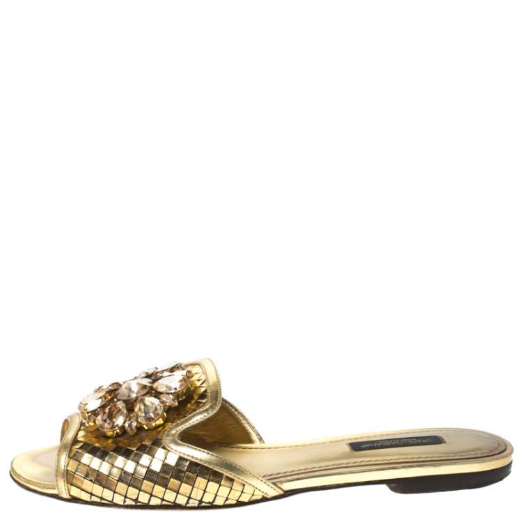 Pre Owned Dolce & Gabbana Metallic Gold Leather Crystal Embellished Bianca Flat Slides Size 36