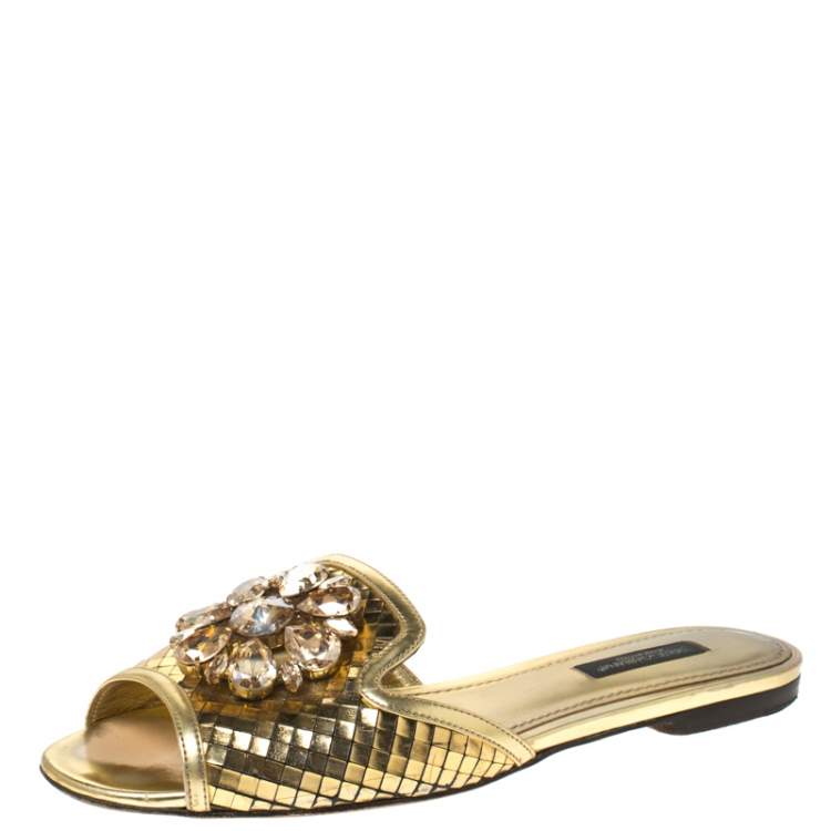 Pre Owned Dolce & Gabbana Metallic Gold Leather Crystal Embellished Bianca Flat Slides Size 36