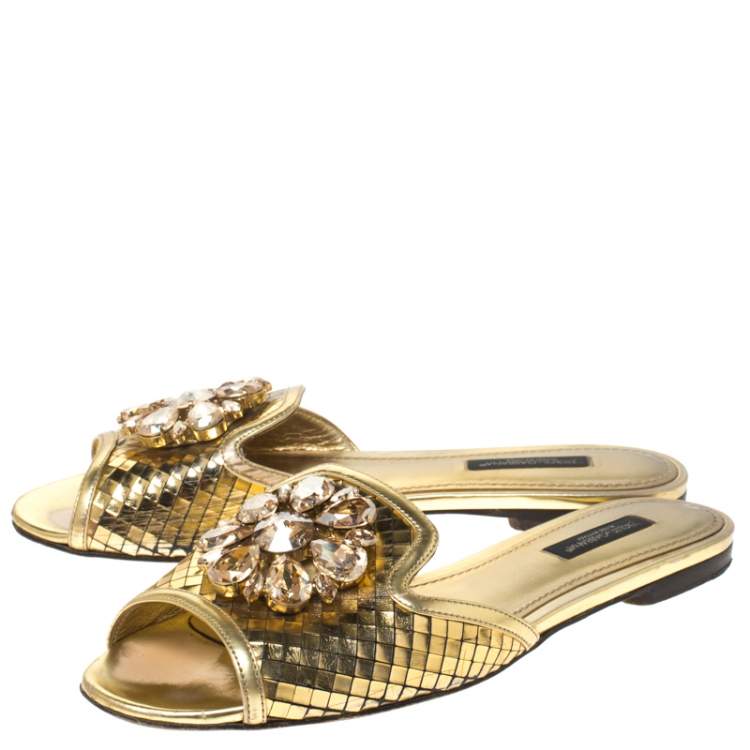 Pre Owned Dolce & Gabbana Metallic Gold Leather Crystal Embellished Bianca Flat Slides Size 36