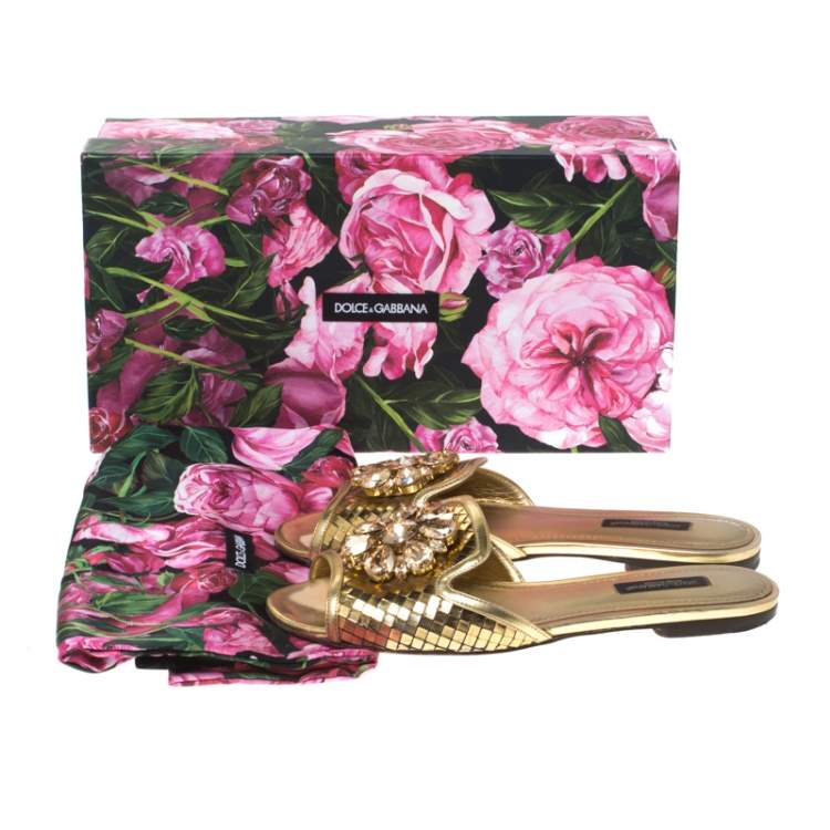 Pre Owned Dolce & Gabbana Metallic Gold Leather Crystal Embellished Bianca Flat Slides Size 36