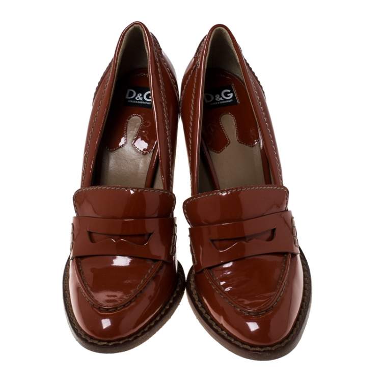 Pre Owned Dolce & Gabbana Dark Orange Patent Leather Loafer Pumps Size 39.5 