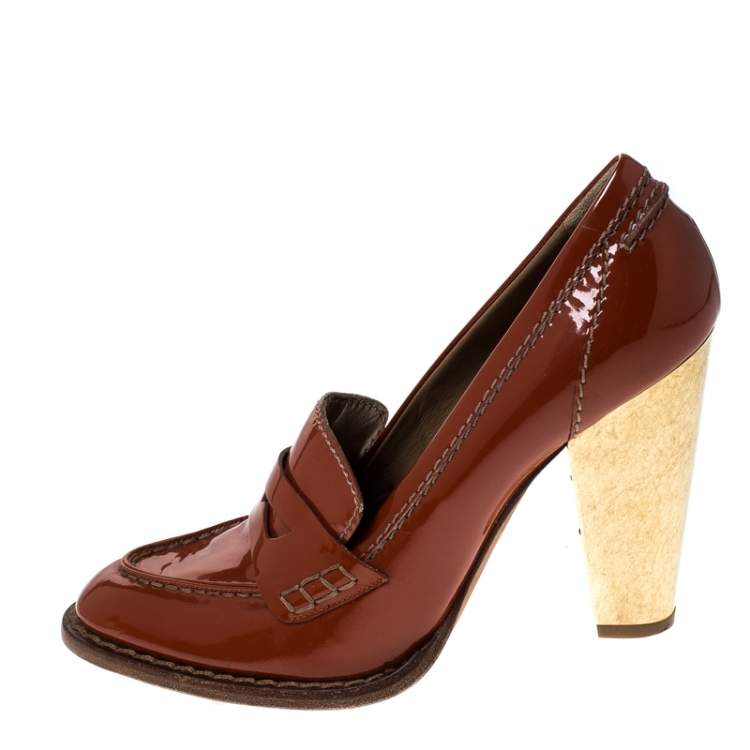 Pre Owned Dolce & Gabbana Dark Orange Patent Leather Loafer Pumps Size 39.5 