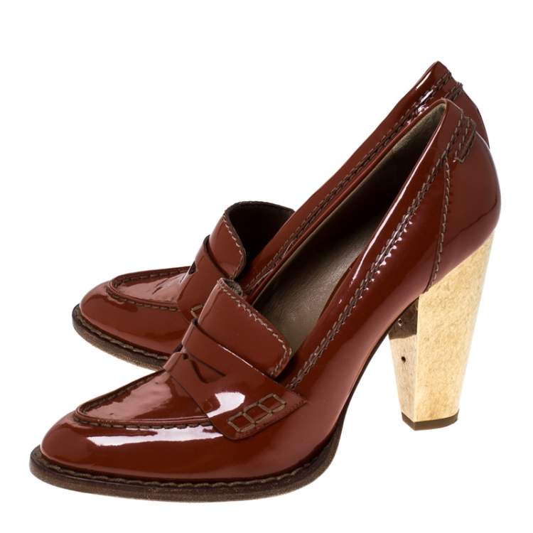 Pre Owned Dolce & Gabbana Dark Orange Patent Leather Loafer Pumps Size 39.5 