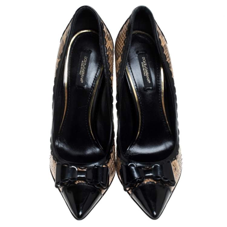 Pre Owned Dolce & Gabbana Black/Beige Pyhton and Leather Bow Pointed Cap Toe Pumps Size 38
