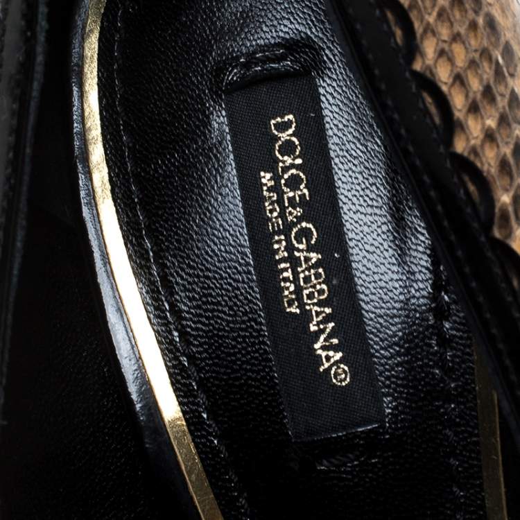 Pre Owned Dolce & Gabbana Black/Beige Pyhton and Leather Bow Pointed Cap Toe Pumps Size 38