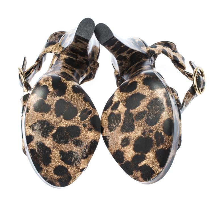 Pre Owned  Dolce & Gabbana Brown/Beige Patent Leather Leopard Print Platform Ankle Starp Sandals Size 39