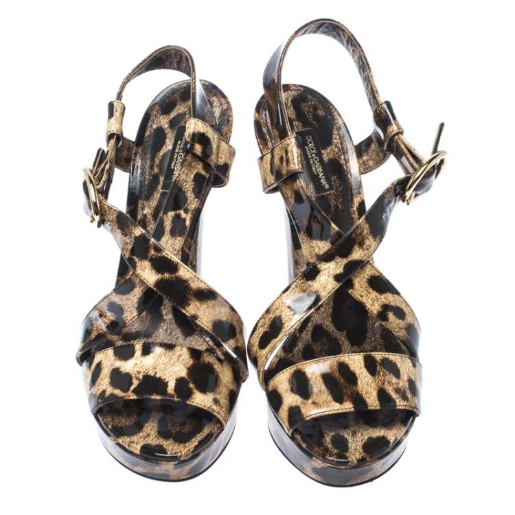 Pre Owned  Dolce & Gabbana Brown/Beige Patent Leather Leopard Print Platform Ankle Starp Sandals Size 39