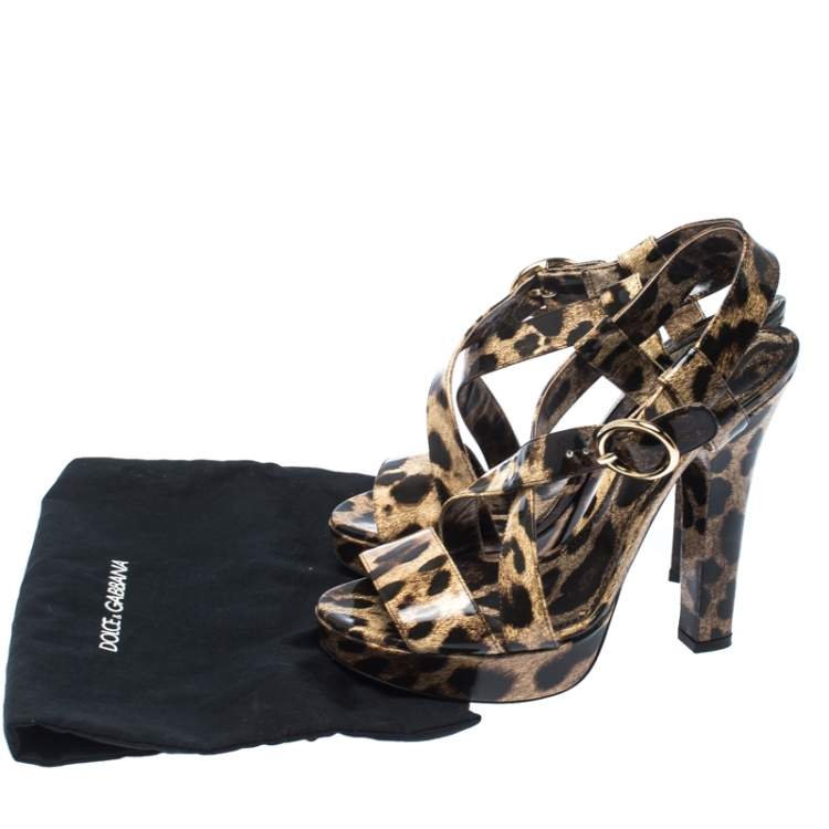 Pre Owned  Dolce & Gabbana Brown/Beige Patent Leather Leopard Print Platform Ankle Starp Sandals Size 39
