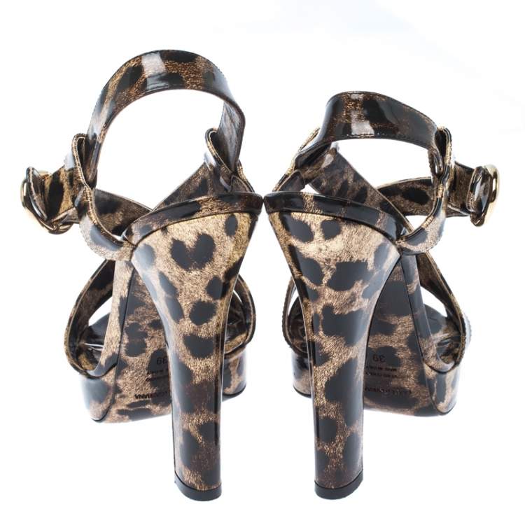 Pre Owned  Dolce & Gabbana Brown/Beige Patent Leather Leopard Print Platform Ankle Starp Sandals Size 39