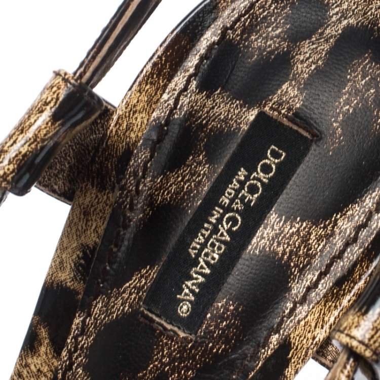 Pre Owned  Dolce & Gabbana Brown/Beige Patent Leather Leopard Print Platform Ankle Starp Sandals Size 39