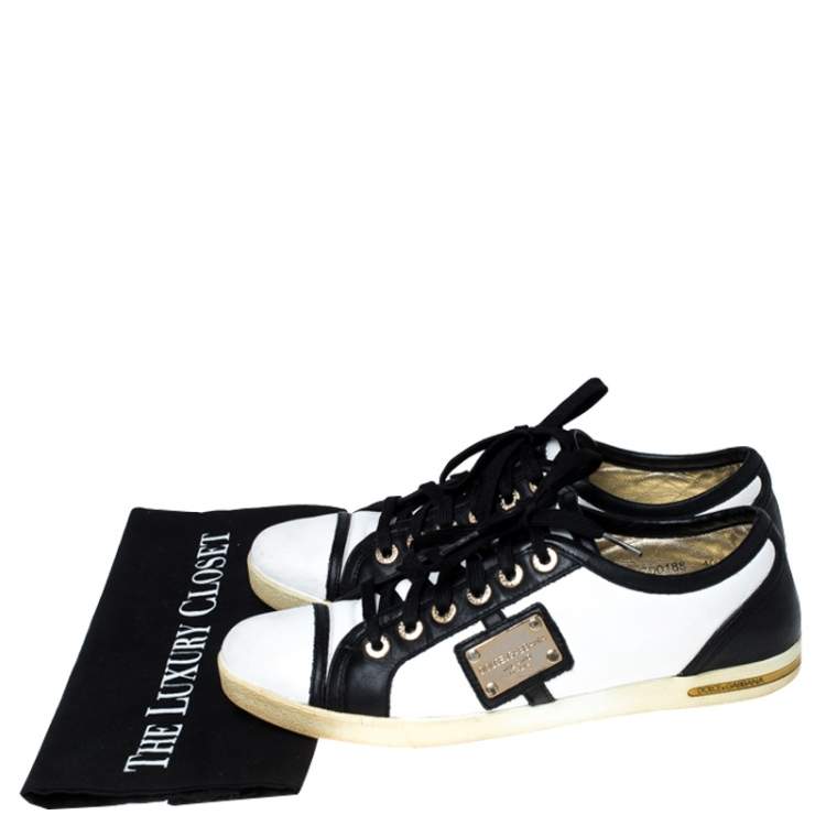 Pre Owned Dolce & Gabbana White/Black Leather Lace Up Low Top Sneakers Size 40