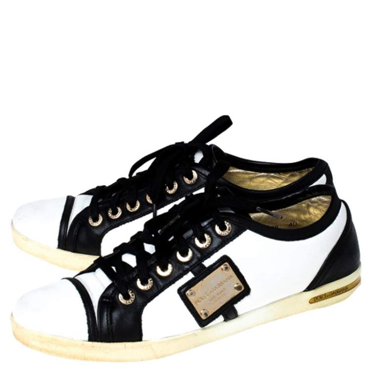 Pre Owned Dolce & Gabbana White/Black Leather Lace Up Low Top Sneakers Size 40