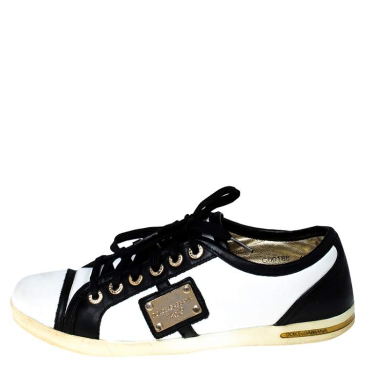 Pre Owned Dolce & Gabbana White/Black Leather Lace Up Low Top Sneakers Size 40
