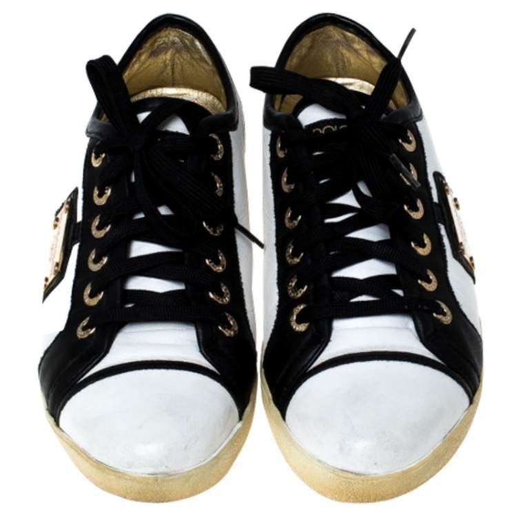 Pre Owned Dolce & Gabbana White/Black Leather Lace Up Low Top Sneakers Size 40