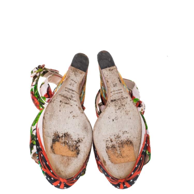 Pre Owned Dolce & Gabbana Multicolor Floral Printed Fabric Foulard Platform Wedge Sandals Size 38