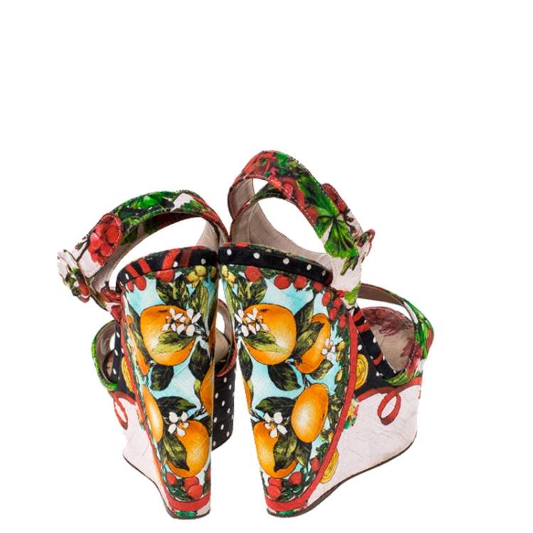 Pre Owned Dolce & Gabbana Multicolor Floral Printed Fabric Foulard Platform Wedge Sandals Size 38