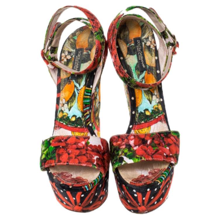 Pre Owned Dolce & Gabbana Multicolor Floral Printed Fabric Foulard Platform Wedge Sandals Size 38