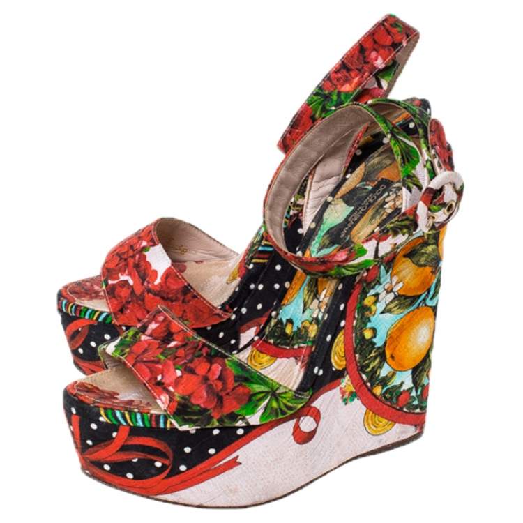Pre Owned Dolce & Gabbana Multicolor Floral Printed Fabric Foulard Platform Wedge Sandals Size 38