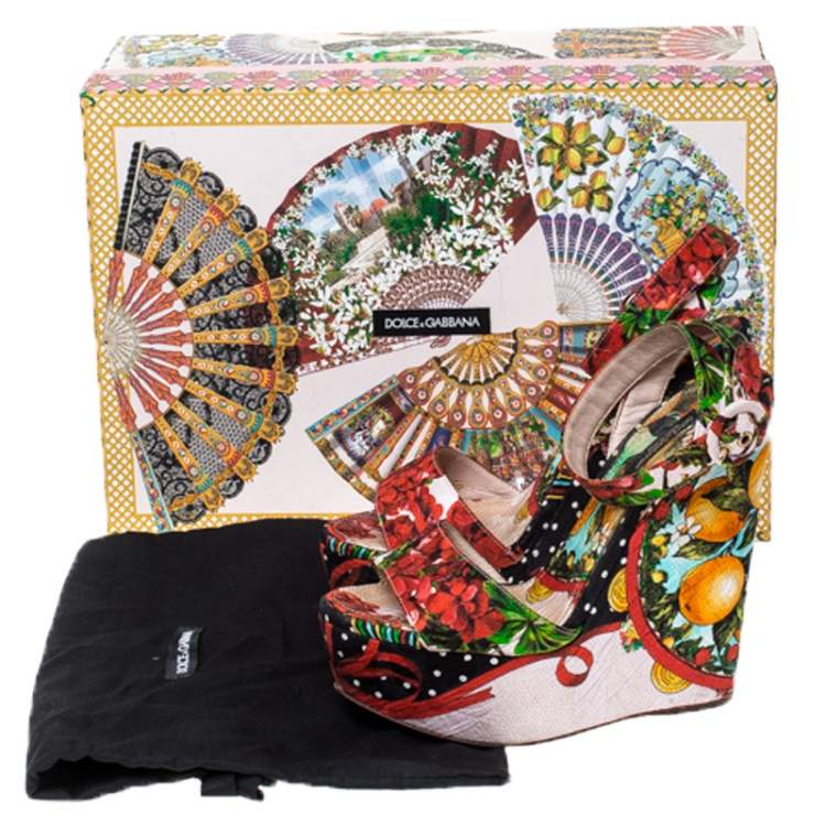 Pre Owned Dolce & Gabbana Multicolor Floral Printed Fabric Foulard Platform Wedge Sandals Size 38