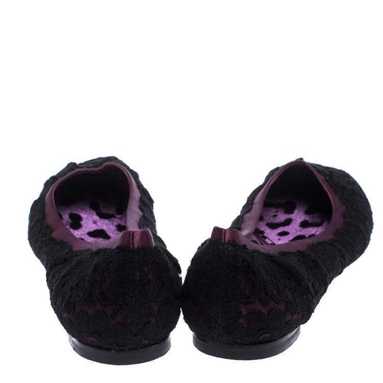 Pre Owned Dolce & Gabbana Black/Purple Lace and Satin Ballet Flats Size 39