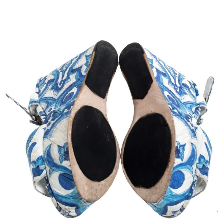 Pre Owned Dolce & Gabbana Blue/White Majolica Print Canvas Ankle Strap Wedge Sandals Size 38.5