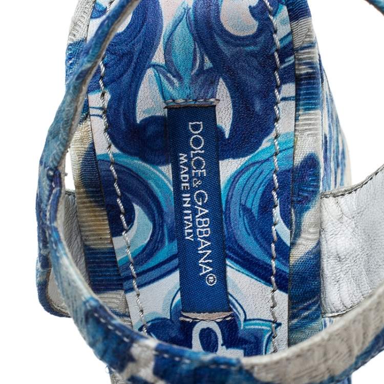 Pre Owned Dolce & Gabbana Blue/White Majolica Print Canvas Ankle Strap Wedge Sandals Size 38.5