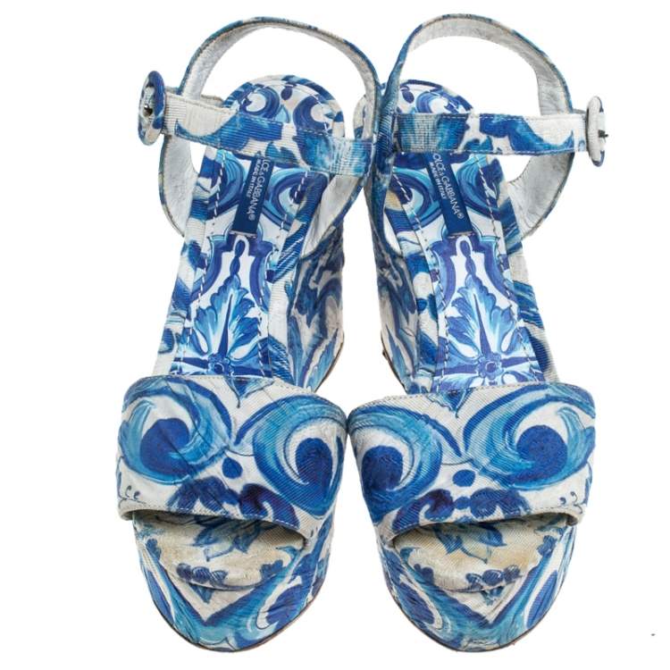 Pre Owned Dolce & Gabbana Blue/White Majolica Print Canvas Ankle Strap Wedge Sandals Size 38.5