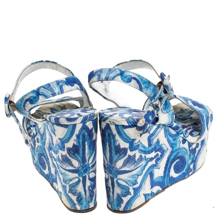 Pre Owned Dolce & Gabbana Blue/White Majolica Print Canvas Ankle Strap Wedge Sandals Size 38.5