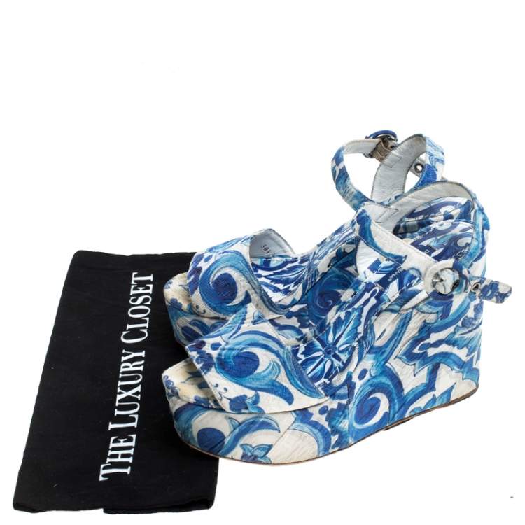 Pre Owned Dolce & Gabbana Blue/White Majolica Print Canvas Ankle Strap Wedge Sandals Size 38.5