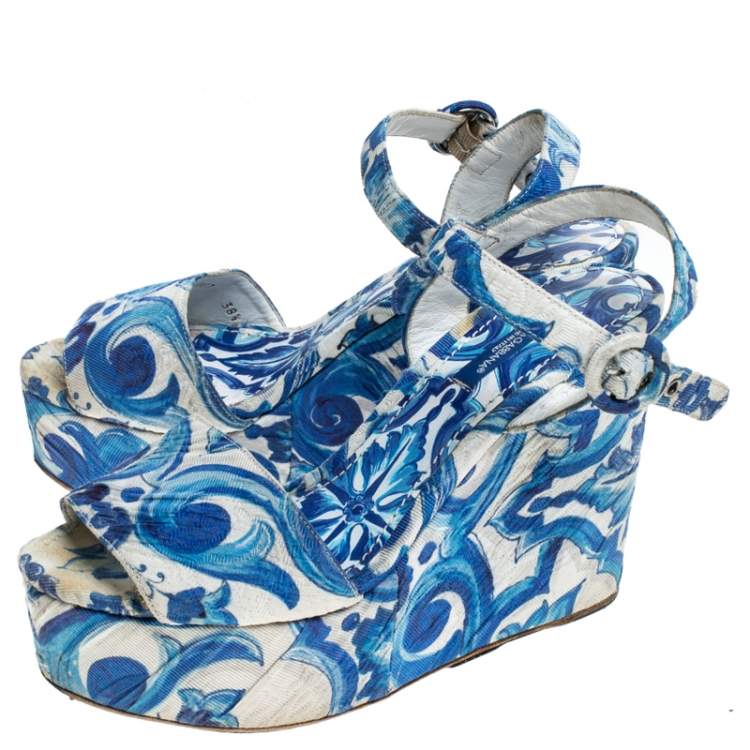 Pre Owned Dolce & Gabbana Blue/White Majolica Print Canvas Ankle Strap Wedge Sandals Size 38.5