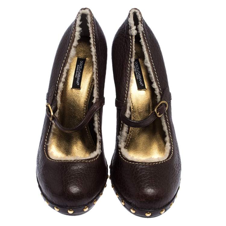 Pre Owned Dolce & Gabbana Dark Brown Leather and Shearling Mary Jane Pumps Size 38